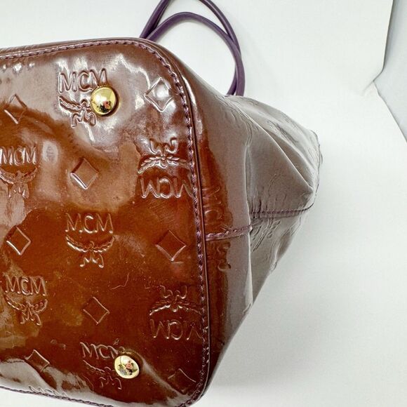 MCM | Visetos Patent Leather Tote Bag Burgundy Purple Purse Authentic - Picture 11 of 16